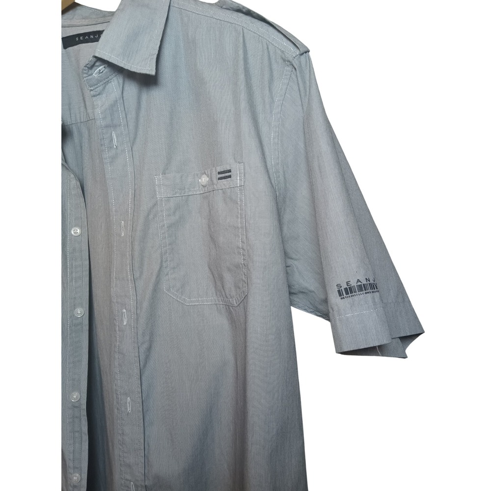 Sean John Men' Gray Pinstripe Short Sleeve Button Up Casual Shirt Y2K - Picture 5 of 9